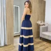 Vestido Longo sem Bojo Azul com Detalhe Nude e Botões Falsos - Fernanda Ramos Store