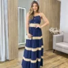 Vestido Longo sem Bojo Azul com Detalhe Nude e Botões Falsos - Fernanda Ramos Store