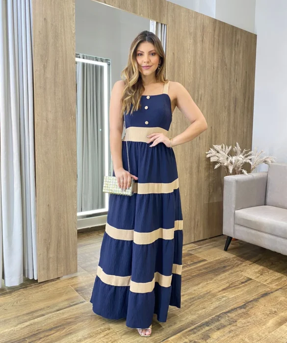 Vestido Longo sem Bojo Azul com Detalhe Nude e Botões Falsos - Fernanda Ramos Store