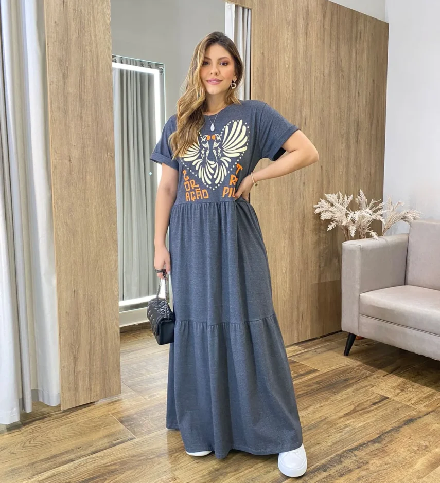 Vestido Longo sem Bojo de Malha Coração Tropical Cinza - Fernanda Ramos Store