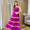 Vestido Longo sem Bojo Fúcsia com Detalhe Caramelo e Amarração - Fernanda Ramos Store