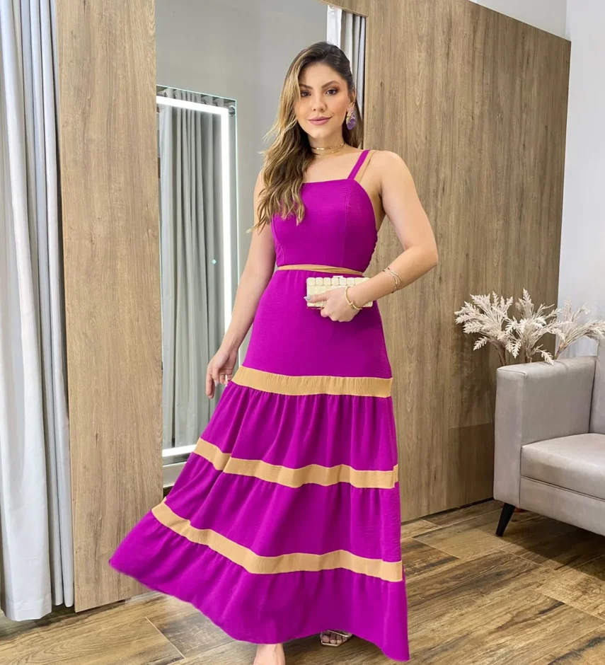 Vestido Longo sem Bojo Fúcsia com Detalhe Caramelo e Amarração - Fernanda Ramos Store