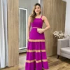 Vestido Longo sem Bojo Fúcsia com Detalhe Caramelo e Amarração - Fernanda Ramos Store