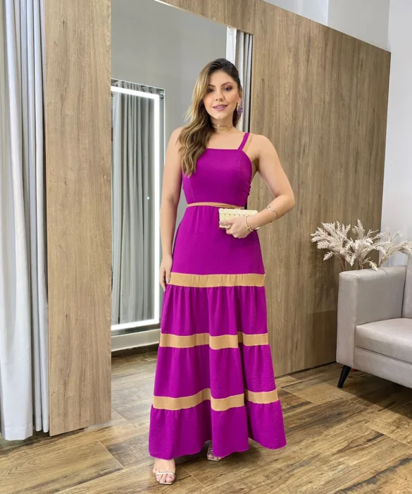 Vestido Longo sem Bojo Fúcsia com Detalhe Caramelo e Amarração - Fernanda Ramos Store