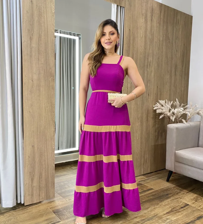 Vestido Longo sem Bojo Fúcsia com Detalhe Caramelo e Amarração - Fernanda Ramos Store