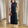Vestido Longo sem Bojo Moletinho Preto com Bolsos - Fernanda Ramos Store