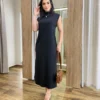 Vestido Longo sem Bojo Moletinho Preto com Bolsos - Fernanda Ramos Store