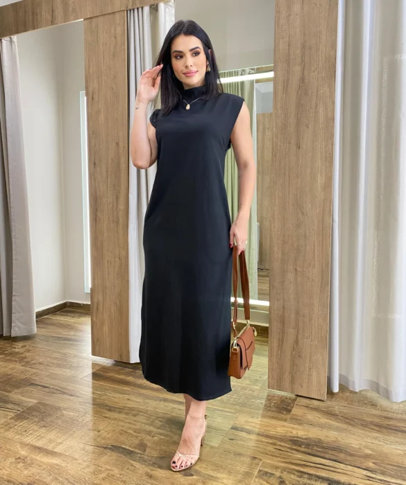 Vestido Longo sem Bojo Moletinho Preto com Bolsos - Fernanda Ramos Store