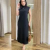 Vestido Longo sem Bojo Moletinho Preto com Bolsos - Fernanda Ramos Store