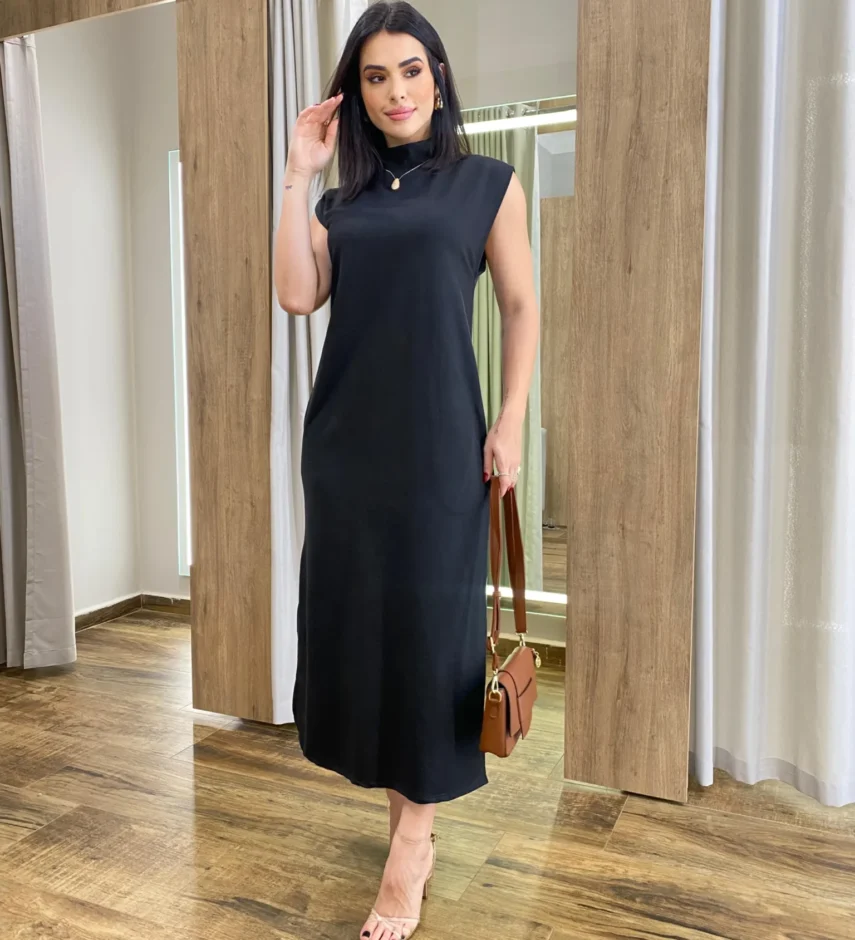 Vestido Longo sem Bojo Moletinho Preto com Bolsos - Fernanda Ramos Store