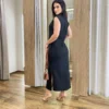 Vestido Longo sem Bojo Moletinho Preto com Bolsos - Fernanda Ramos Store