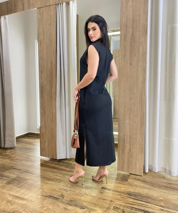 Vestido Longo sem Bojo Moletinho Preto com Bolsos - Fernanda Ramos Store