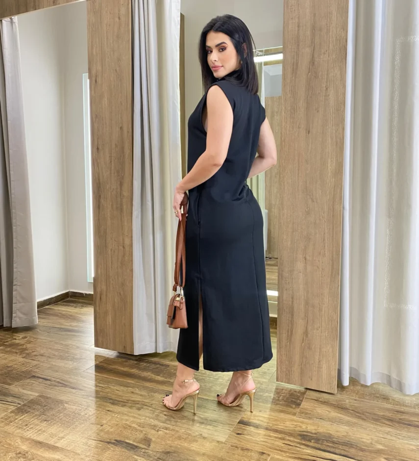 Vestido Longo sem Bojo Moletinho Preto com Bolsos - Fernanda Ramos Store
