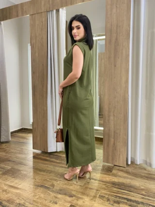 Vestido Longo sem Bojo Moletinho Verde Militar com Bolsos - Fernanda Ramos Store