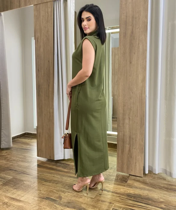 Vestido Longo sem Bojo Moletinho Verde Militar com Bolsos - Fernanda Ramos Store