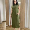 Vestido Longo sem Bojo Moletinho Verde Militar com Bolsos - Fernanda Ramos Store