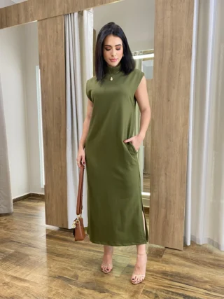 Vestido Longo sem Bojo Moletinho Verde Militar com Bolsos - Fernanda Ramos Store