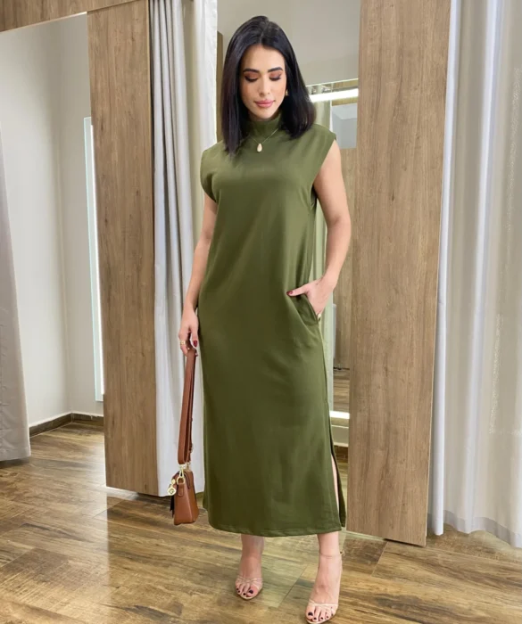 Vestido Longo sem Bojo Moletinho Verde Militar com Bolsos - Fernanda Ramos Store