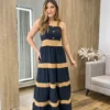 Vestido Longo sem Bojo Preto com Detalhe Caramelo e Botões Falsos - Fernanda Ramos Store