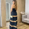 Vestido Longo sem Bojo Preto com Detalhe Caramelo e Botões Falsos - Fernanda Ramos Store