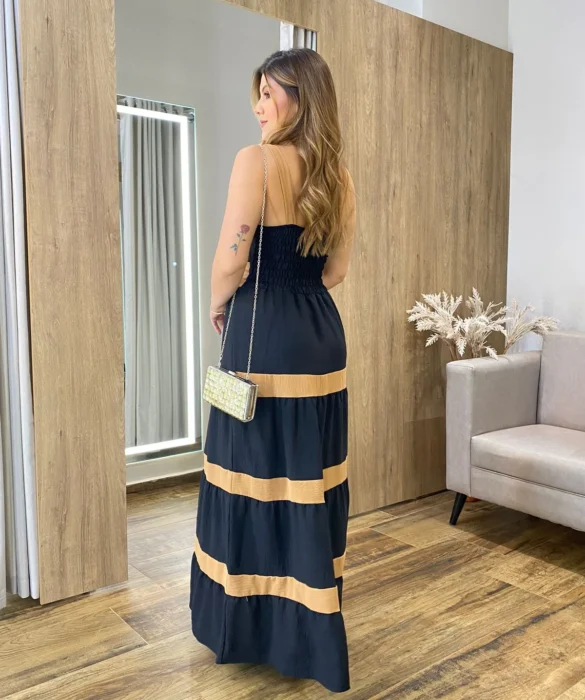 Vestido Longo sem Bojo Preto com Detalhe Caramelo e Botões Falsos - Fernanda Ramos Store