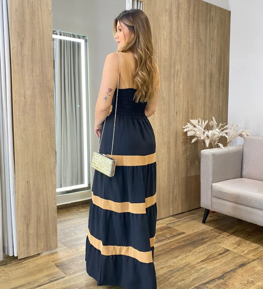 Vestido Longo sem Bojo Preto com Detalhe Caramelo e Botões Falsos - Fernanda Ramos Store