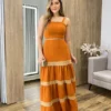 Vestido Longo Terracota sem Bojo com Detalhe Caramelo e Amarração - Fernanda Ramos Store