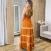 Vestido Longo Terracota sem Bojo com Detalhe Caramelo e Amarração - Fernanda Ramos Store