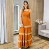 Vestido Longo Terracota sem Bojo com Detalhe Caramelo e Amarração - Fernanda Ramos Store