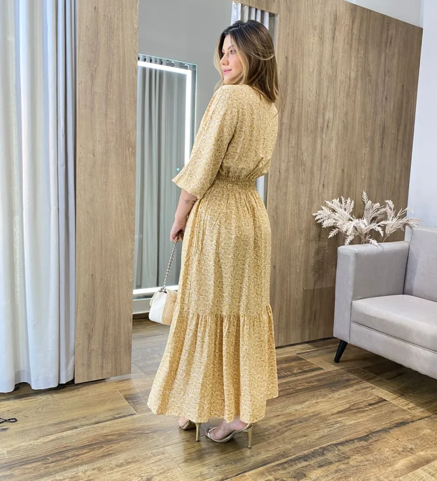 Vestido Midi Ayla Viscolinho sem Bojo Manga 3/4 Bege Estampado - Fernanda Ramos Store