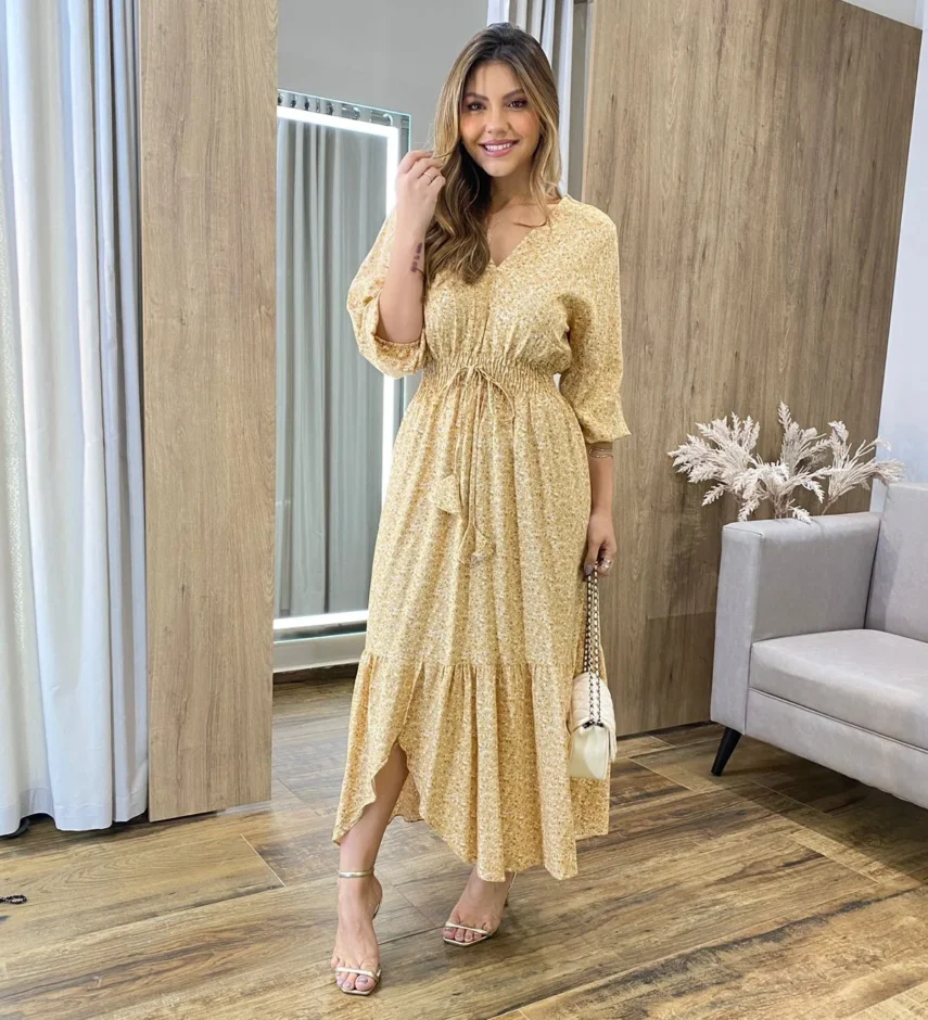 Vestido Midi Ayla Viscolinho sem Bojo Manga 3/4 Bege Estampado - Fernanda Ramos Store