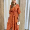 Vestido Midi Ayla Viscolinho sem Bojo Manga 3/4 Terracota Estampado - Fernanda Ramos Store