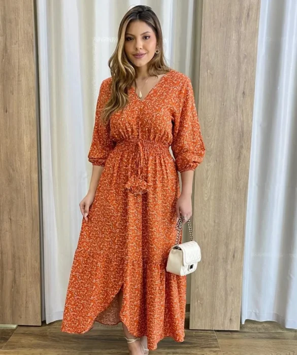 Vestido Midi Ayla Viscolinho sem Bojo Manga 3/4 Terracota Estampado - Fernanda Ramos Store