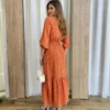 Vestido Midi Ayla Viscolinho sem Bojo Manga 3/4 Terracota Estampado - Fernanda Ramos Store