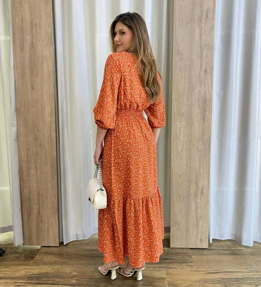 Vestido Midi Ayla Viscolinho sem Bojo Manga 3/4 Terracota Estampado - Fernanda Ramos Store