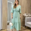 Vestido Midi Ayla Viscolinho sem Bojo Manga 3/4 Verde Estampado - Fernanda Ramos Store