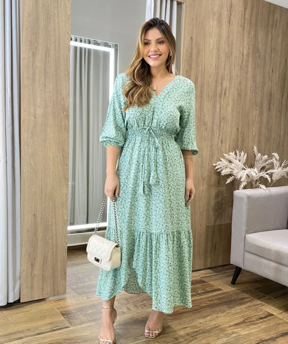 Vestido Midi Ayla Viscolinho sem Bojo Manga 3/4 Verde Estampado - Fernanda Ramos Store