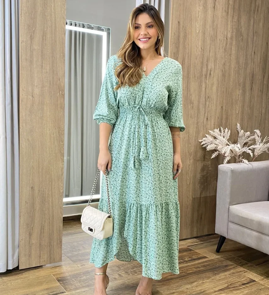 Vestido Midi Ayla Viscolinho sem Bojo Manga 3/4 Verde Estampado - Fernanda Ramos Store
