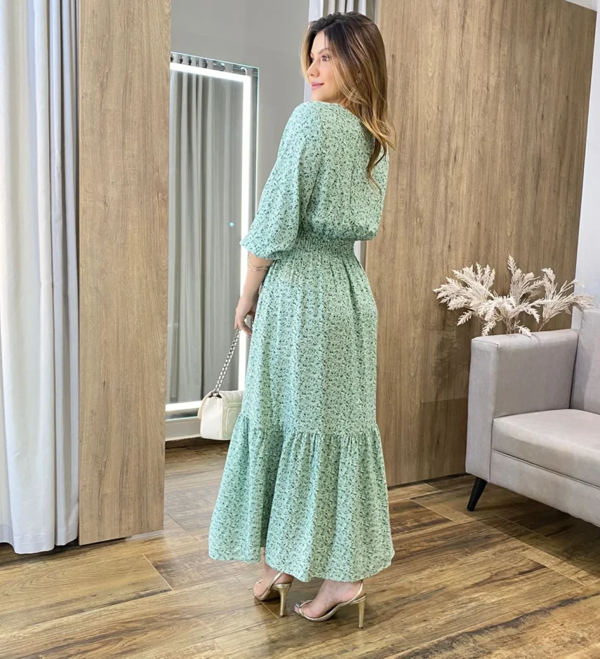 Vestido Midi Ayla Viscolinho sem Bojo Manga 3/4 Verde Estampado - Fernanda Ramos Store