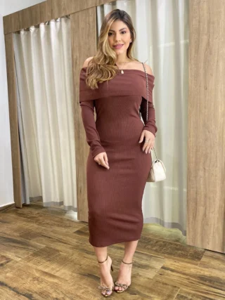 Vestido Midi Canelado Agatha Manga Longa com Bojo Marrom - Fernanda Ramos Store