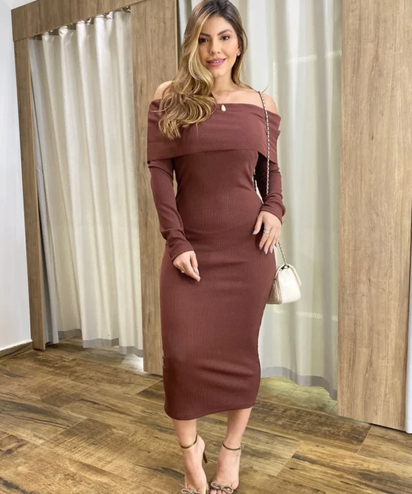 Vestido Midi Canelado Agatha Manga Longa com Bojo Marrom - Fernanda Ramos Store