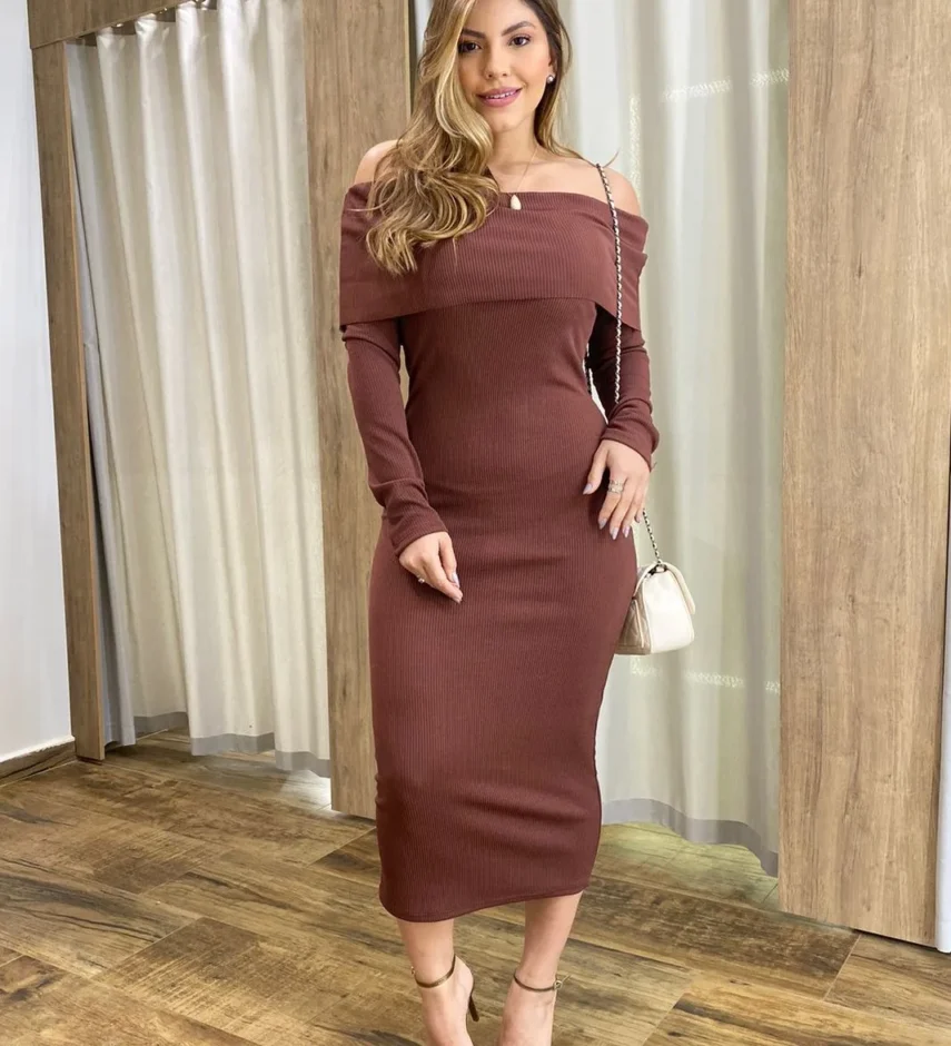 Vestido Midi Canelado Agatha Manga Longa com Bojo Marrom - Fernanda Ramos Store