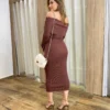 Vestido Midi Canelado Agatha Manga Longa com Bojo Marrom - Fernanda Ramos Store