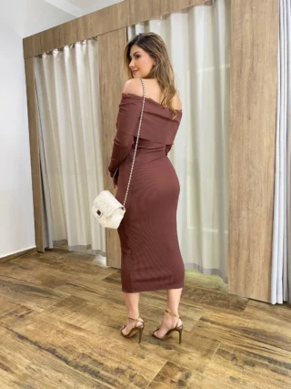 Vestido Midi Canelado Agatha Manga Longa com Bojo Marrom - Fernanda Ramos Store