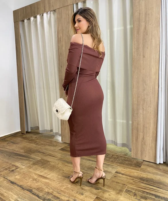 Vestido Midi Canelado Agatha Manga Longa com Bojo Marrom - Fernanda Ramos Store