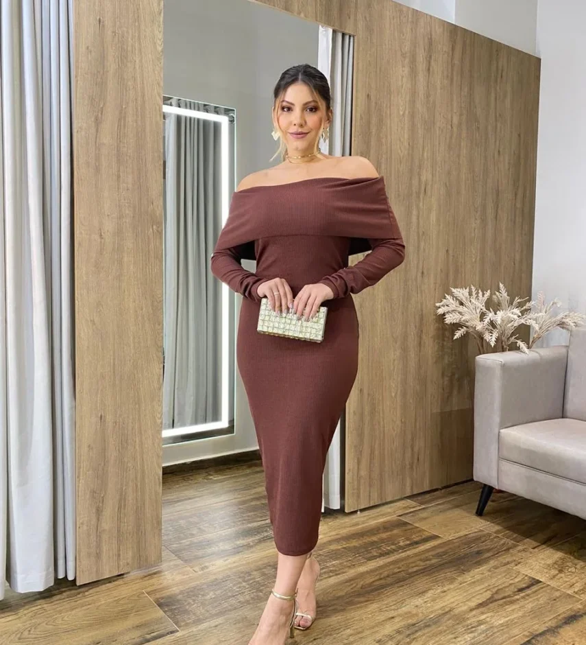 Vestido Midi Canelado Agatha Manga Longa com Bojo Marrom - Fernanda Ramos Store