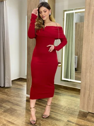 Vestido Midi Canelado Agatha Manga Longa com Bojo Vinho - Fernanda Ramos Store