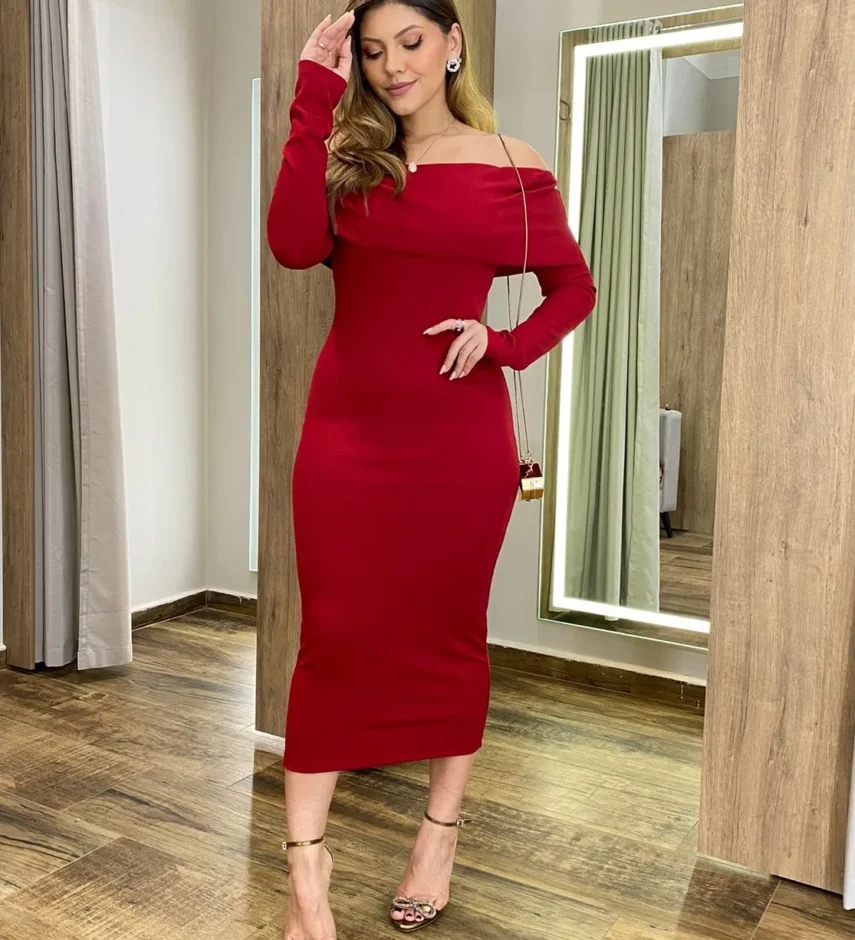 Vestido Midi Canelado Agatha Manga Longa com Bojo Vinho - Fernanda Ramos Store