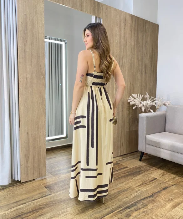 Vestido Midi Cecília Viscolinho sem Bojo com Lastex Nude Estampado - Fernanda Ramos Store