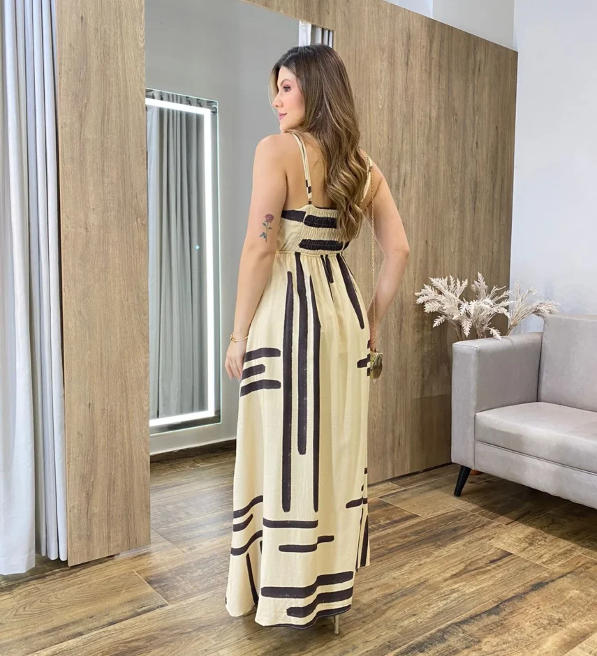 Vestido Midi Cecília Viscolinho sem Bojo com Lastex Nude Estampado - Fernanda Ramos Store